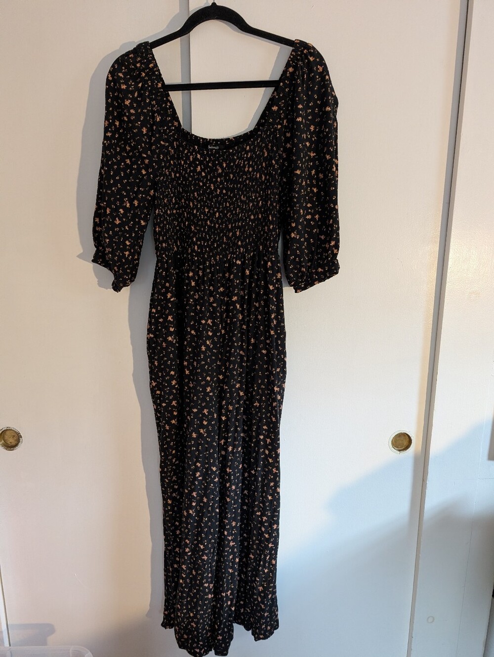 Madewell Lucie Black Floral Smocked Maxi Jumpsuit with Puff Sleeves Size 10